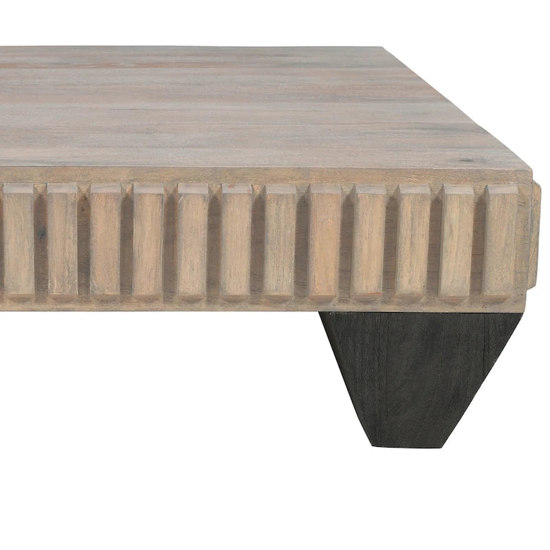 Handcrafted Solid Mango Wood Coffee Table, 36 Inch Square Sandblasted Gray Finish with Ribbed Carving