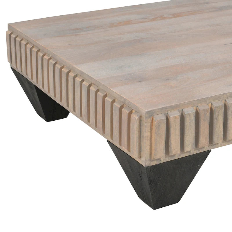 Handcrafted Solid Mango Wood Coffee Table, 36 Inch Square Sandblasted Gray Finish with Ribbed Carving