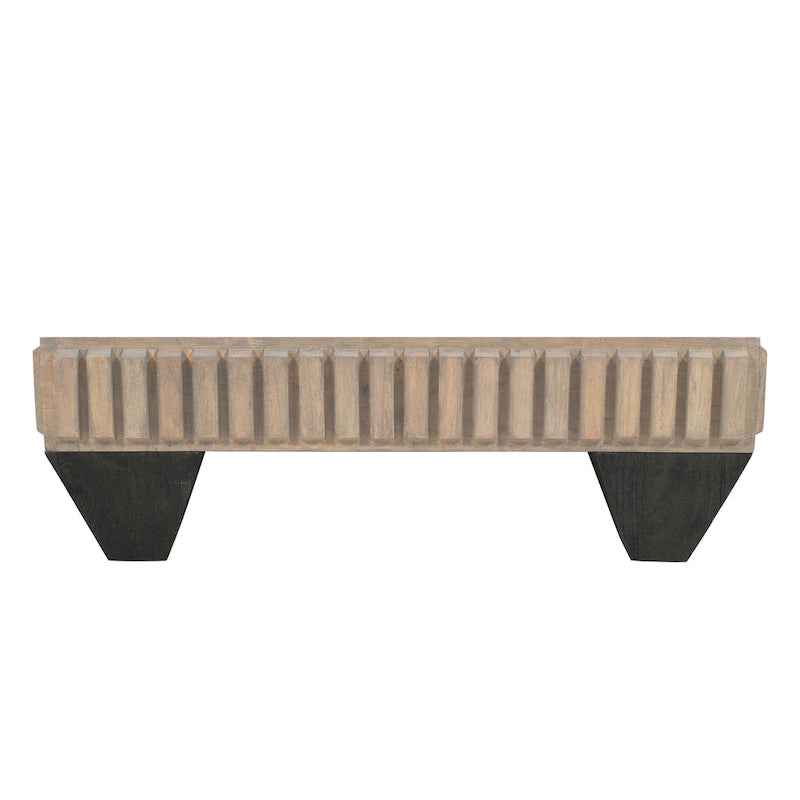 Handcrafted Solid Mango Wood Coffee Table, 36 Inch Square Sandblasted Gray Finish with Ribbed Carving