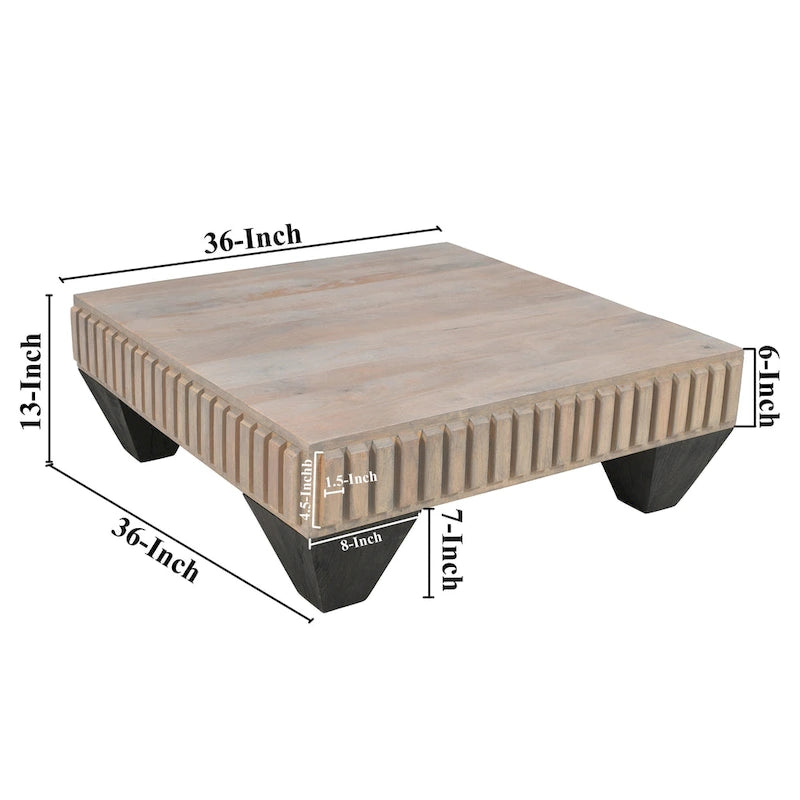 Handcrafted Solid Mango Wood Coffee Table, 36 Inch Square Sandblasted Gray Finish with Ribbed Carving