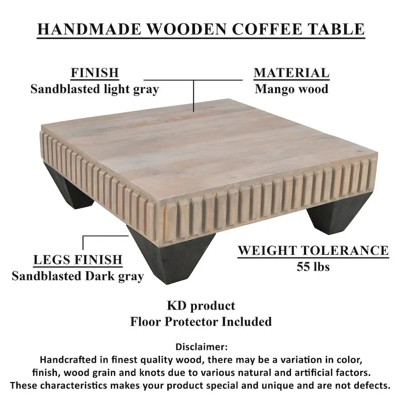 Handcrafted Solid Mango Wood Coffee Table, 36 Inch Square Sandblasted Gray Finish with Ribbed Carving