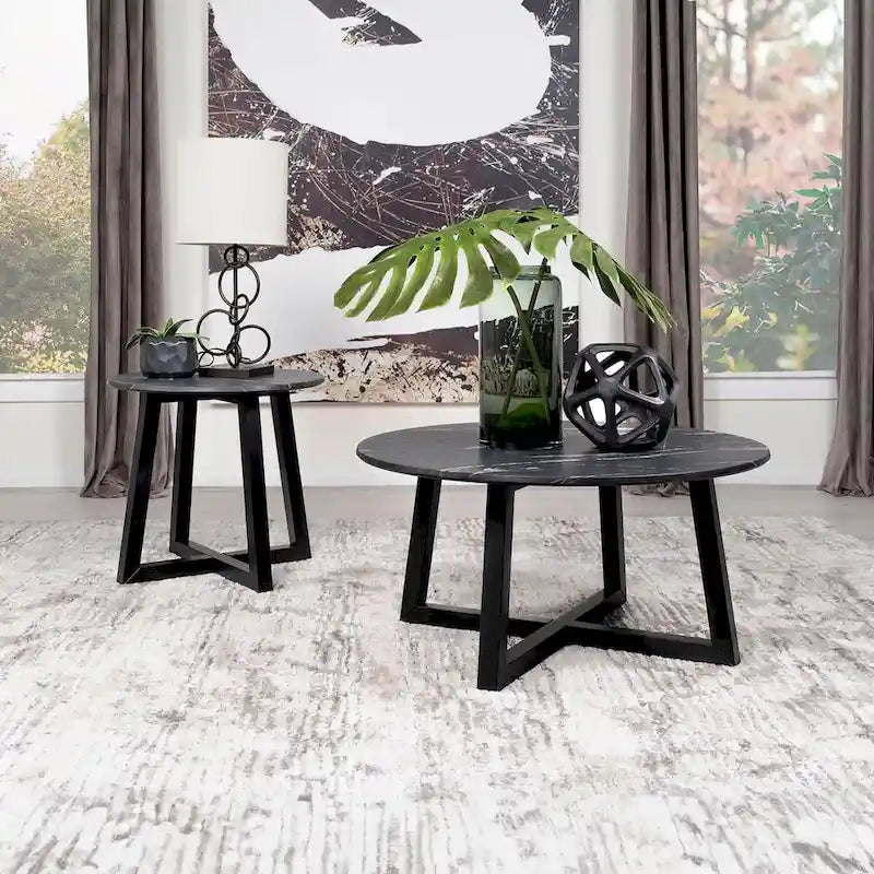 Modern Geometric Side Table, 24"W Black Faux Marble Top with Luxury Veining, Stable Design