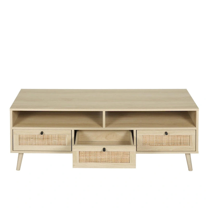 Modern Rattan TV Stand with Solid Wood Feet