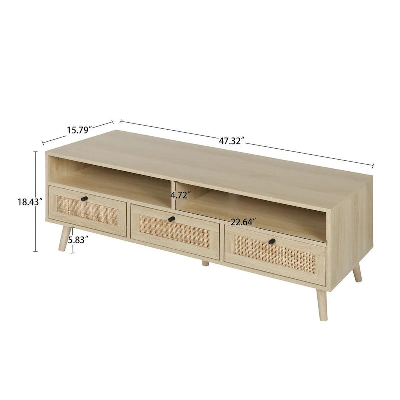 Modern Rattan TV Stand with Solid Wood Feet