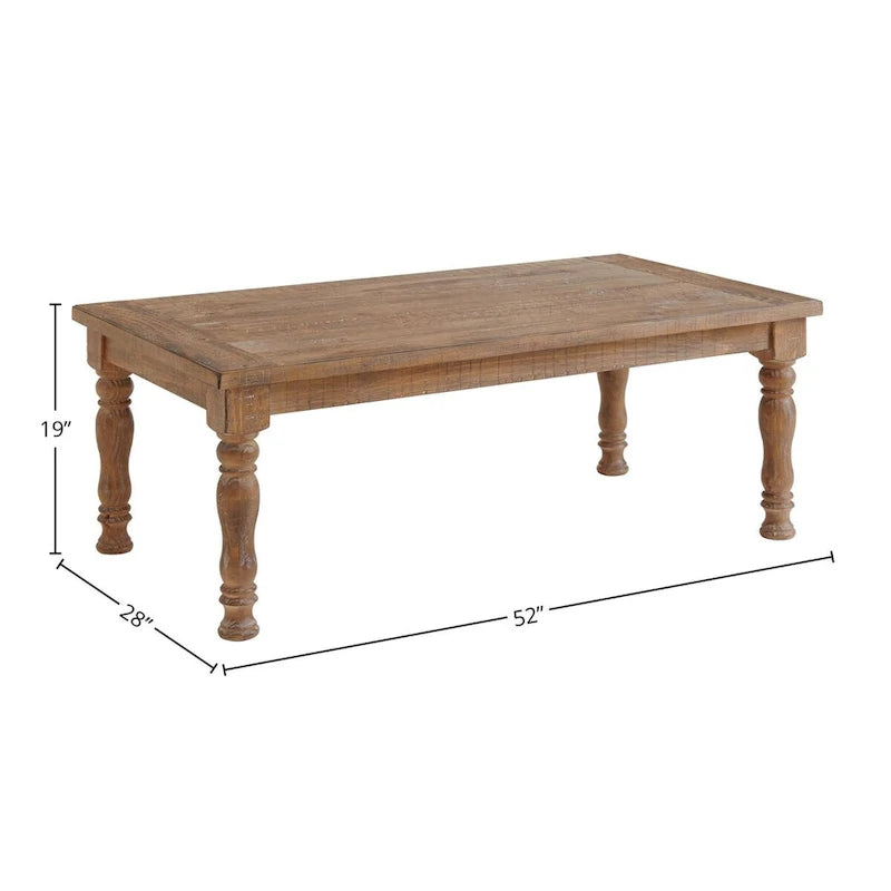 52-inch farmhouse style coffee table, rough-sawn finish tabletop, sandstone finish, 150-pound weight capacity, lightweight and easy to move.