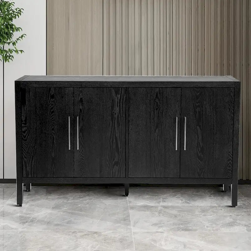 A simple, retro-style sideboard with two doors and solid wood legs.  The top has a weight capacity of 200 pounds. Assembly is required.
