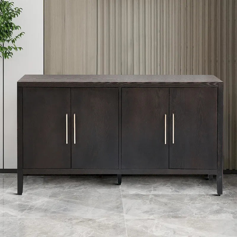 A simple, retro-style sideboard with two doors and solid wood legs.  The top has a weight capacity of 200 pounds. Assembly is required.