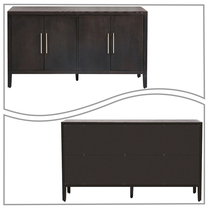 A simple, retro-style sideboard with two doors and solid wood legs.  The top has a weight capacity of 200 pounds. Assembly is required.