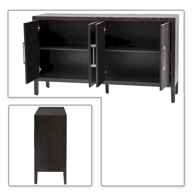 A simple, retro-style sideboard with two doors and solid wood legs.  The top has a weight capacity of 200 pounds. Assembly is required.