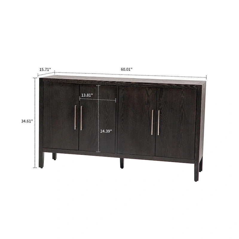 A simple, retro-style sideboard with two doors and solid wood legs.  The top has a weight capacity of 200 pounds. Assembly is required.