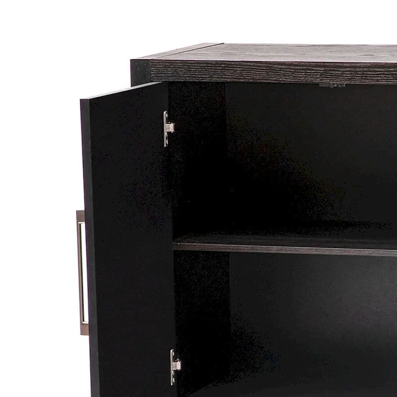 A simple, retro-style sideboard with two doors and solid wood legs.  The top has a weight capacity of 200 pounds. Assembly is required.