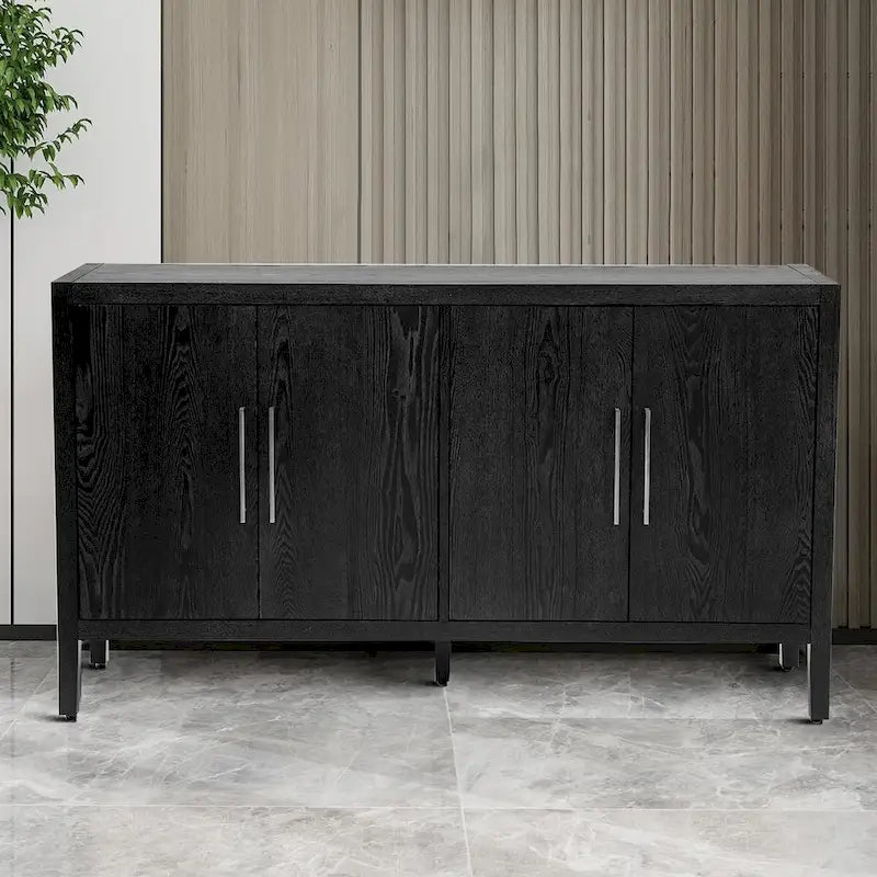 A simple, retro-style sideboard with two doors and solid wood legs.  The top has a weight capacity of 200 pounds. Assembly is required.
