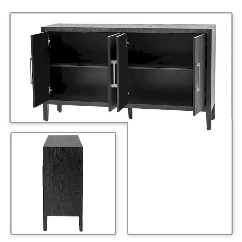 A simple, retro-style sideboard with two doors and solid wood legs.  The top has a weight capacity of 200 pounds. Assembly is required.