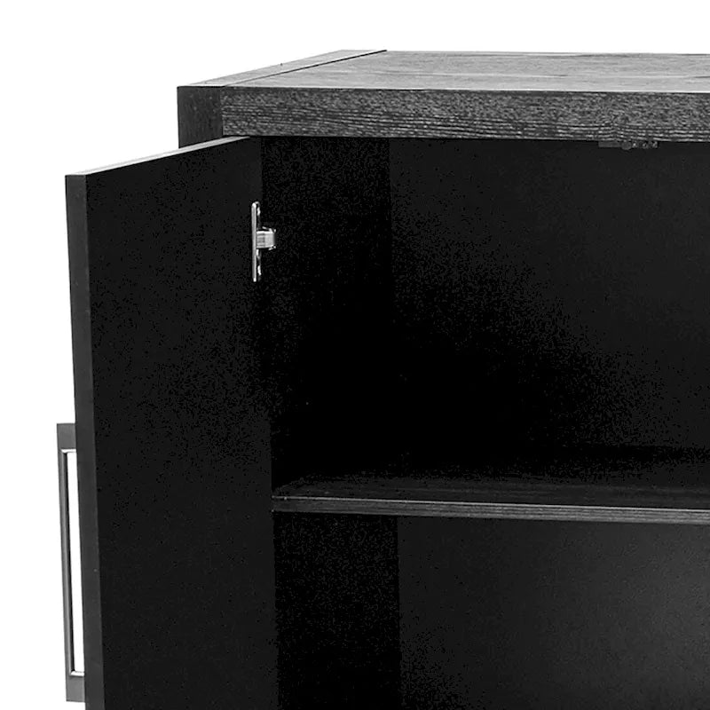 A simple, retro-style sideboard with two doors and solid wood legs.  The top has a weight capacity of 200 pounds. Assembly is required.