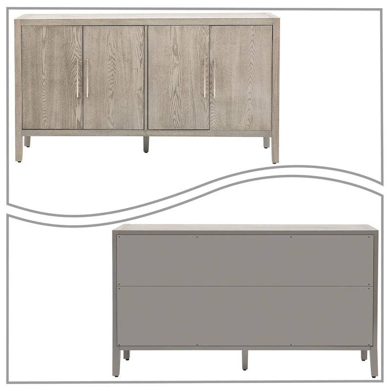 A simple, retro-style sideboard with two doors and solid wood legs.  The top has a weight capacity of 200 pounds. Assembly is required.
