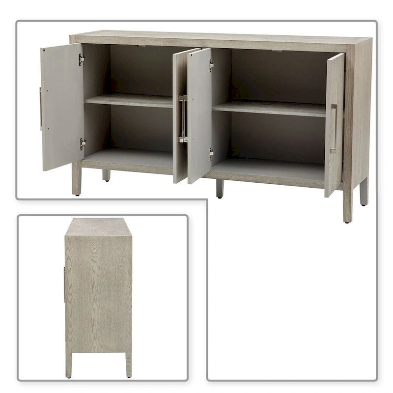 A simple, retro-style sideboard with two doors and solid wood legs.  The top has a weight capacity of 200 pounds. Assembly is required.