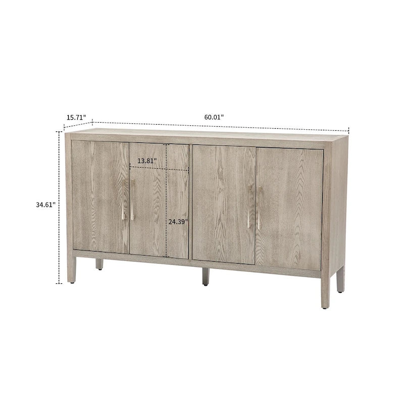 A simple, retro-style sideboard with two doors and solid wood legs.  The top has a weight capacity of 200 pounds. Assembly is required.