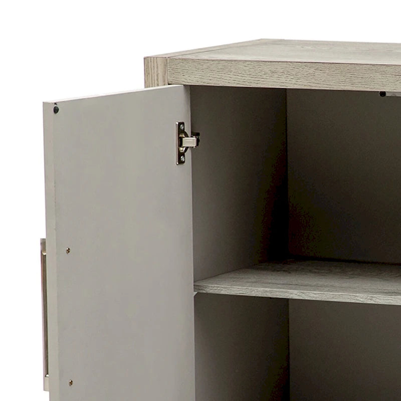 A simple, retro-style sideboard with two doors and solid wood legs.  The top has a weight capacity of 200 pounds. Assembly is required.