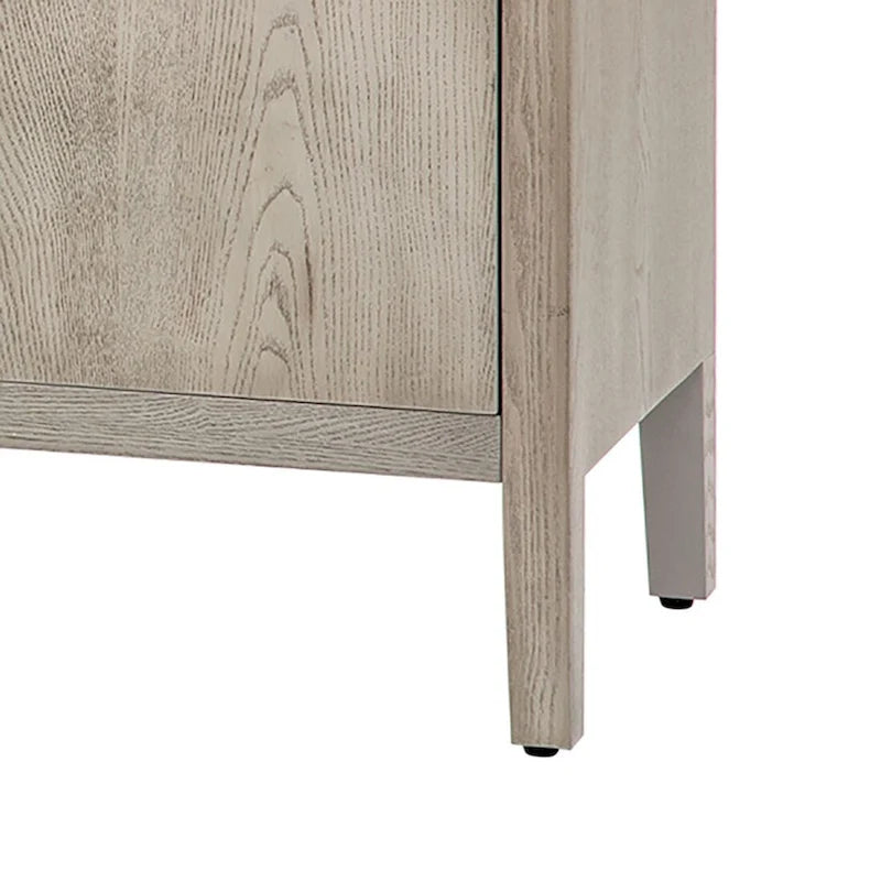 A simple, retro-style sideboard with two doors and solid wood legs.  The top has a weight capacity of 200 pounds. Assembly is required.