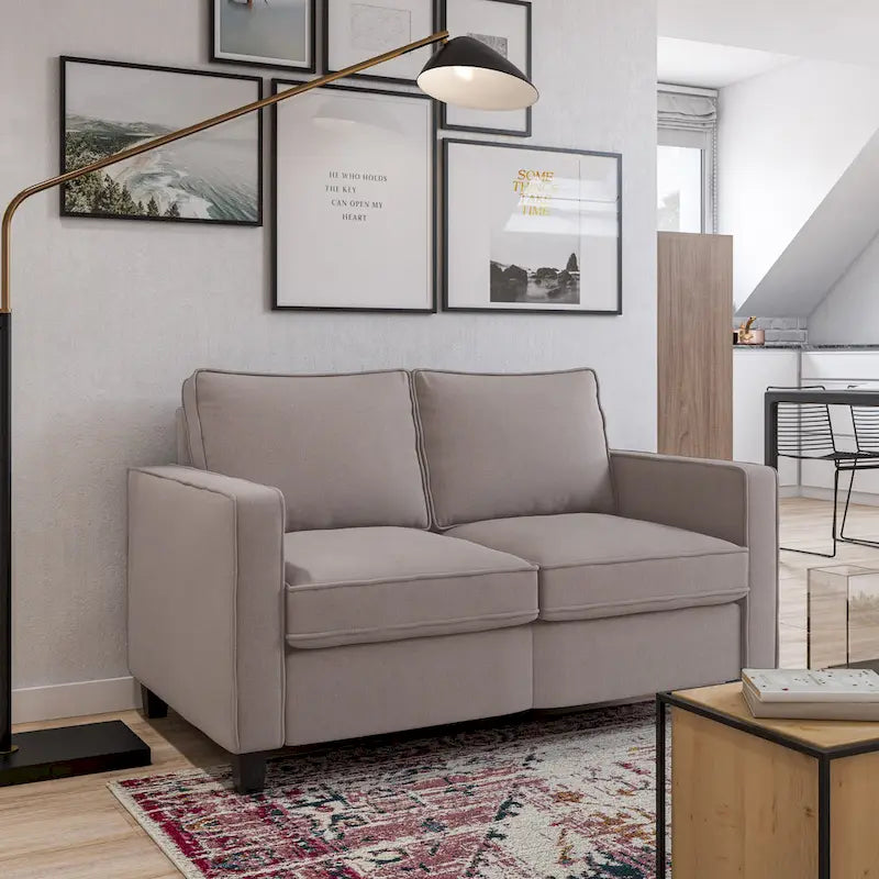 Compact Taupe Loveseat, Polyester Linen-Like Fabric & Rubberwood Legs, Easy Assembly Sofa for Two