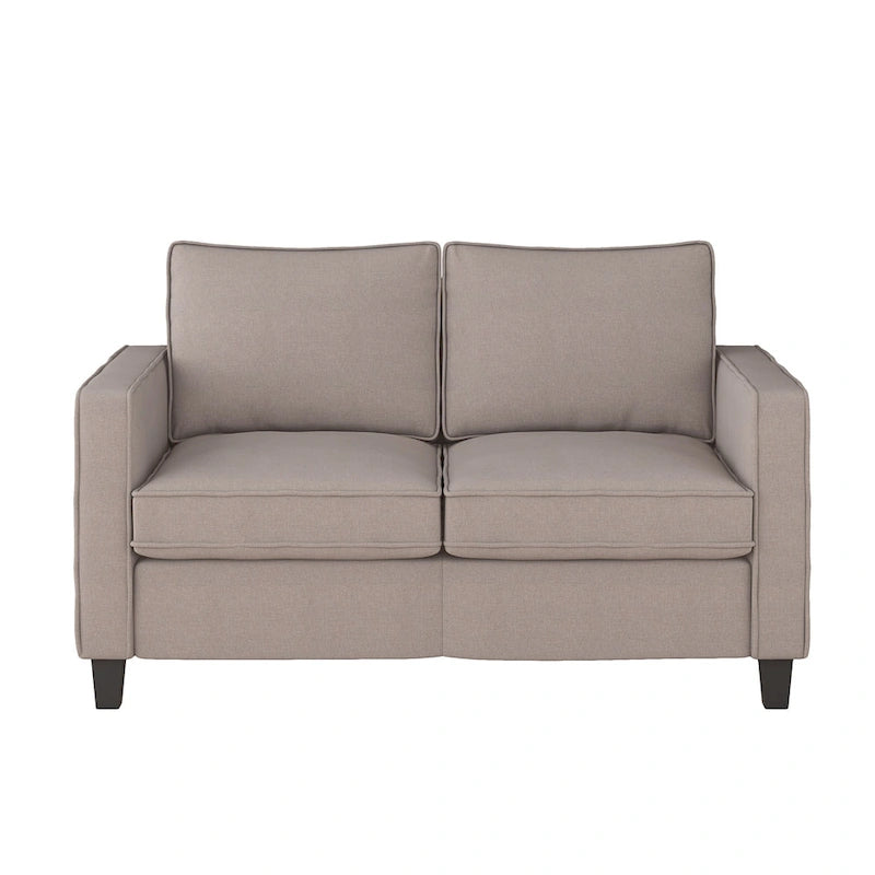 Compact Taupe Loveseat, Polyester Linen-Like Fabric & Rubberwood Legs, Easy Assembly Sofa for Two