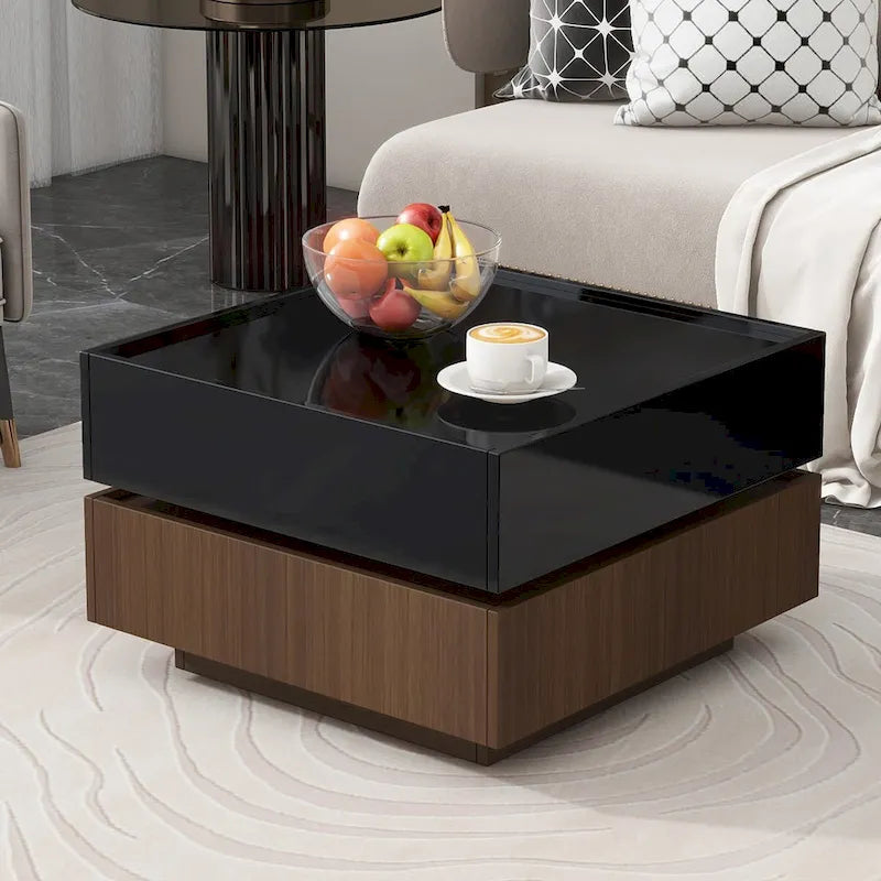 Square 360Rotating Coffee Table with 2 Drawers, Gloss 2-Tier Center Table with Storage, Side Table for Living Room