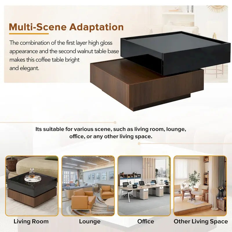 Square 360Rotating Coffee Table with 2 Drawers, Gloss 2-Tier Center Table with Storage, Side Table for Living Room