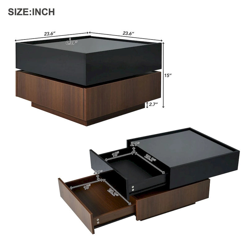 Square 360Rotating Coffee Table with 2 Drawers, Gloss 2-Tier Center Table with Storage, Side Table for Living Room