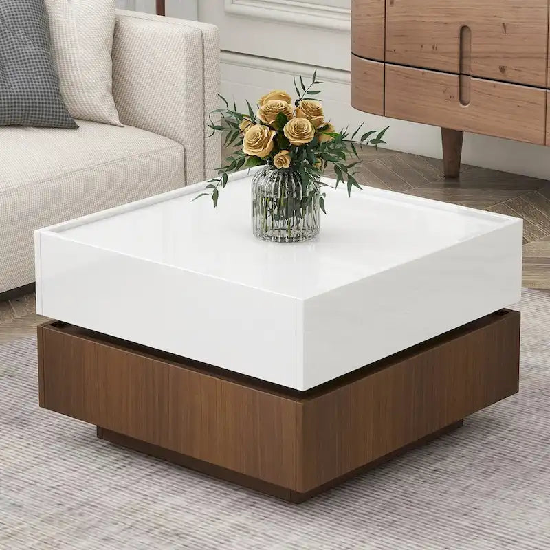 Square 360Rotating Coffee Table with 2 Drawers, Gloss 2-Tier Center Table with Storage, Side Table for Living Room