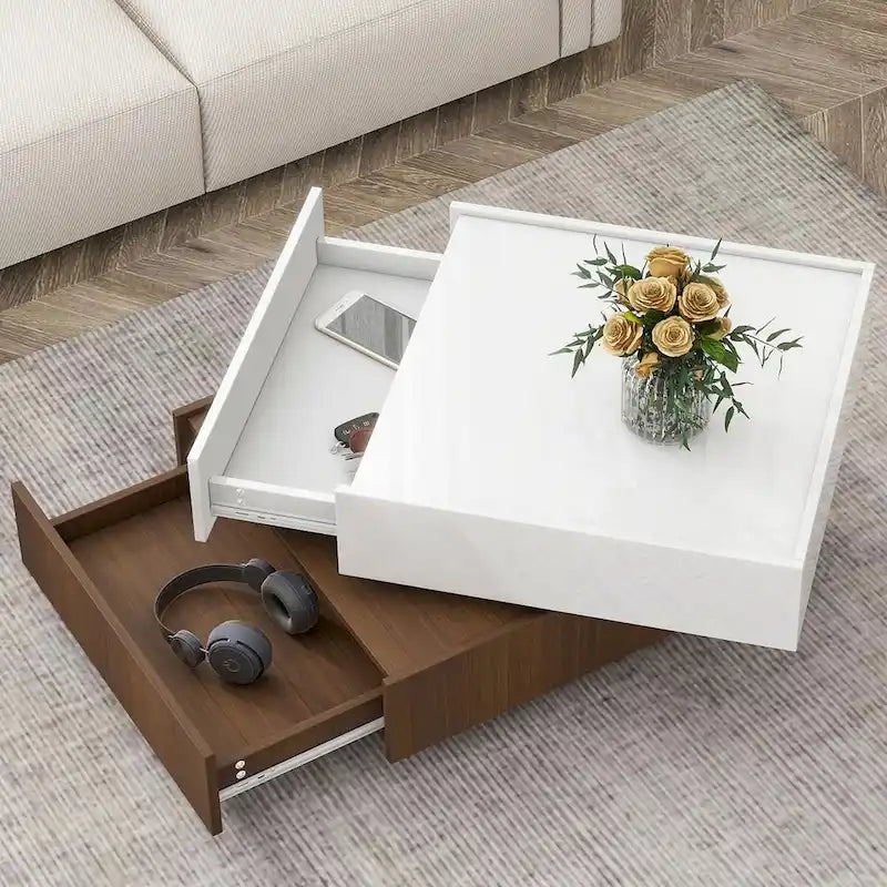 Square 360Rotating Coffee Table with 2 Drawers, Gloss 2-Tier Center Table with Storage, Side Table for Living Room