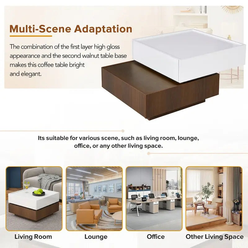 Square 360Rotating Coffee Table with 2 Drawers, Gloss 2-Tier Center Table with Storage, Side Table for Living Room