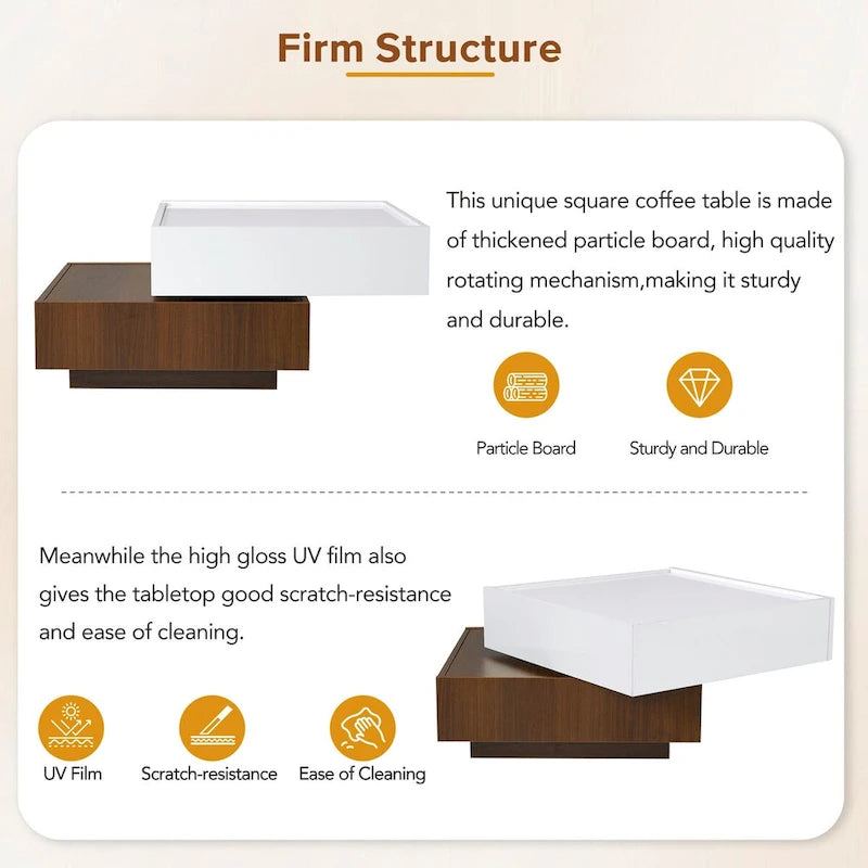 Square 360Rotating Coffee Table with 2 Drawers, Gloss 2-Tier Center Table with Storage, Side Table for Living Room