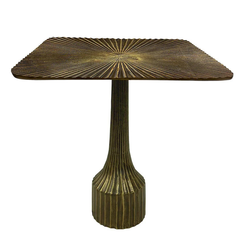 18 Inch Side End Table, Decorative Fluted Base, Square Top, Antique Brass Finish