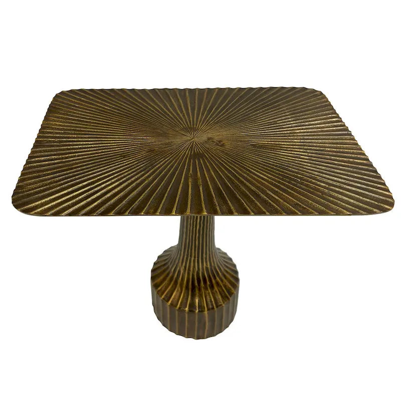 18 Inch Side End Table, Decorative Fluted Base, Square Top, Antique Brass Finish