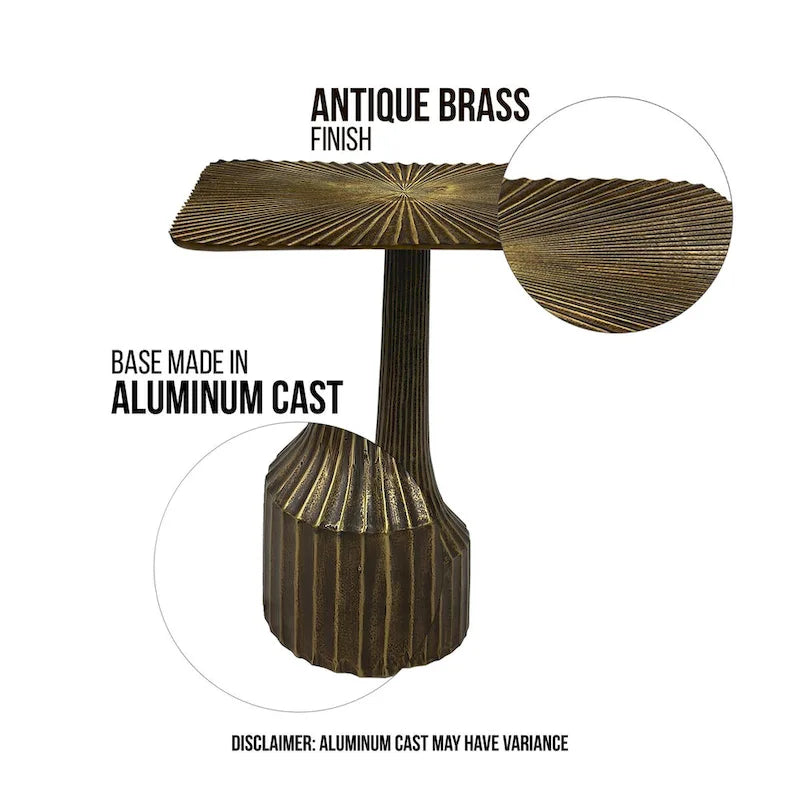 18 Inch Side End Table, Decorative Fluted Base, Square Top, Antique Brass Finish