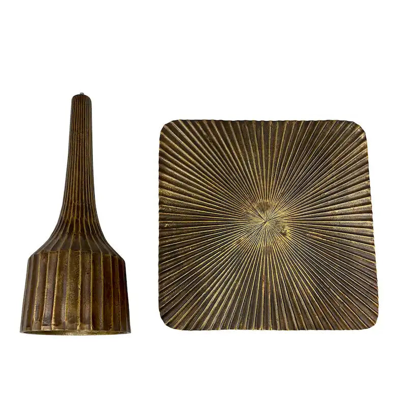 18 Inch Side End Table, Decorative Fluted Base, Square Top, Antique Brass Finish