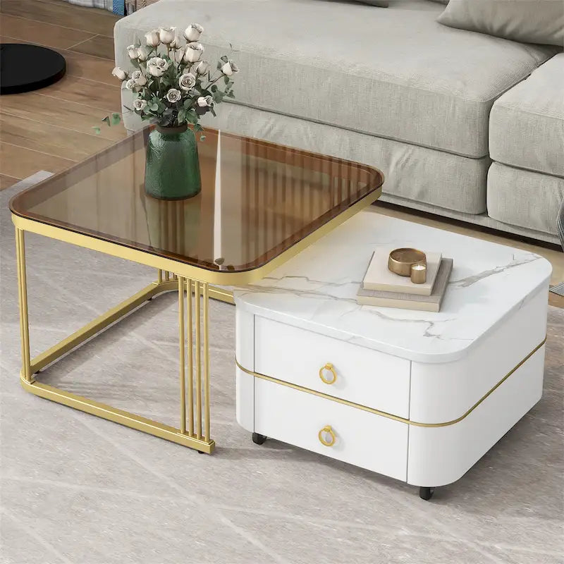 A stackable side table set with wheels and drawers, featuring a modern, minimalist luxury design.
