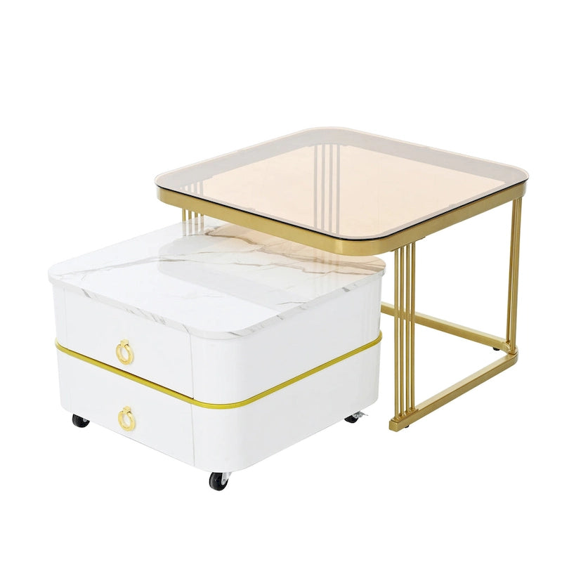 A stackable side table set with wheels and drawers, featuring a modern, minimalist luxury design.