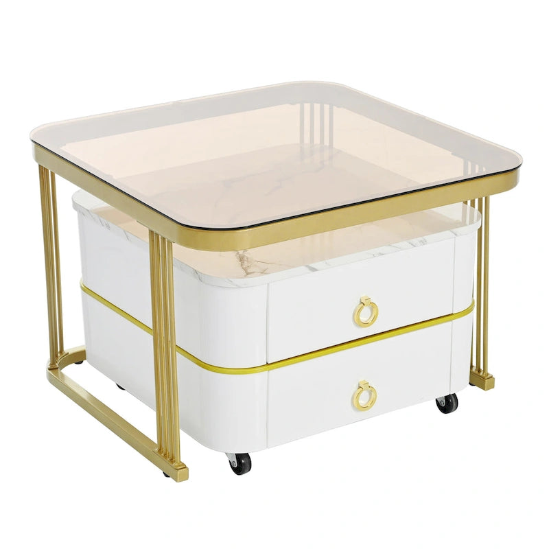 A stackable side table set with wheels and drawers, featuring a modern, minimalist luxury design.