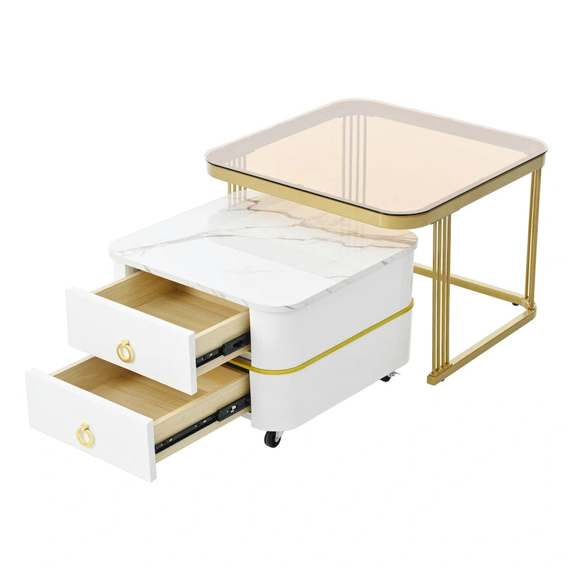A stackable side table set with wheels and drawers, featuring a modern, minimalist luxury design.
