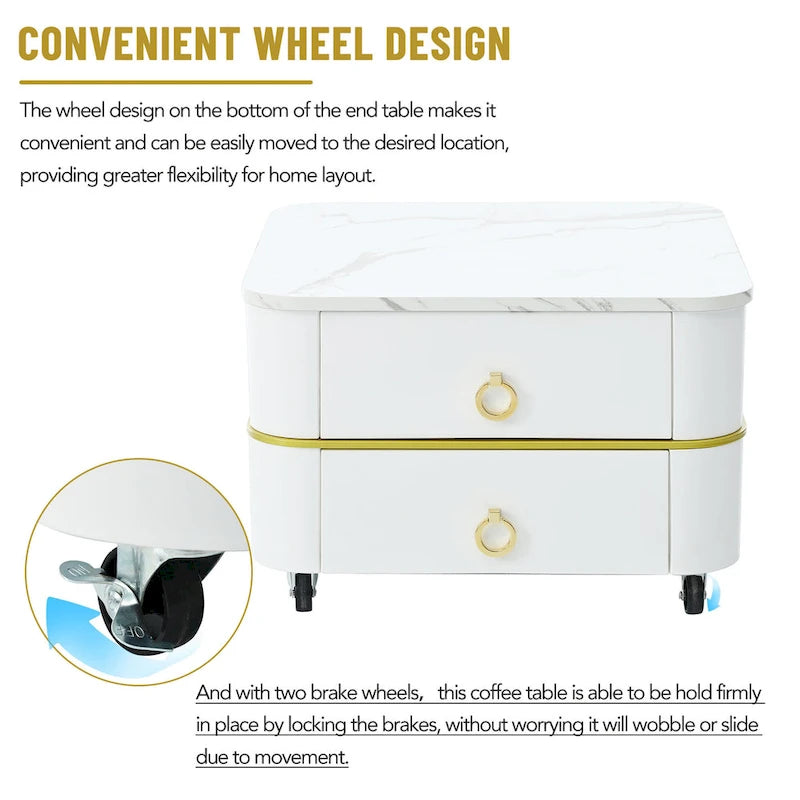 A stackable side table set with wheels and drawers, featuring a modern, minimalist luxury design.