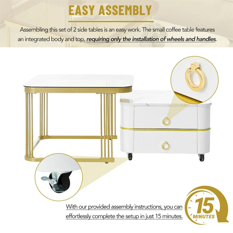 A stackable side table set with wheels and drawers, featuring a modern, minimalist luxury design.