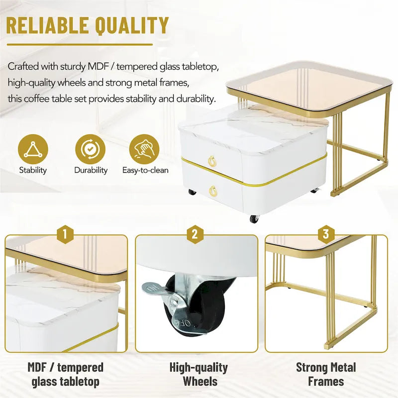 A stackable side table set with wheels and drawers, featuring a modern, minimalist luxury design.