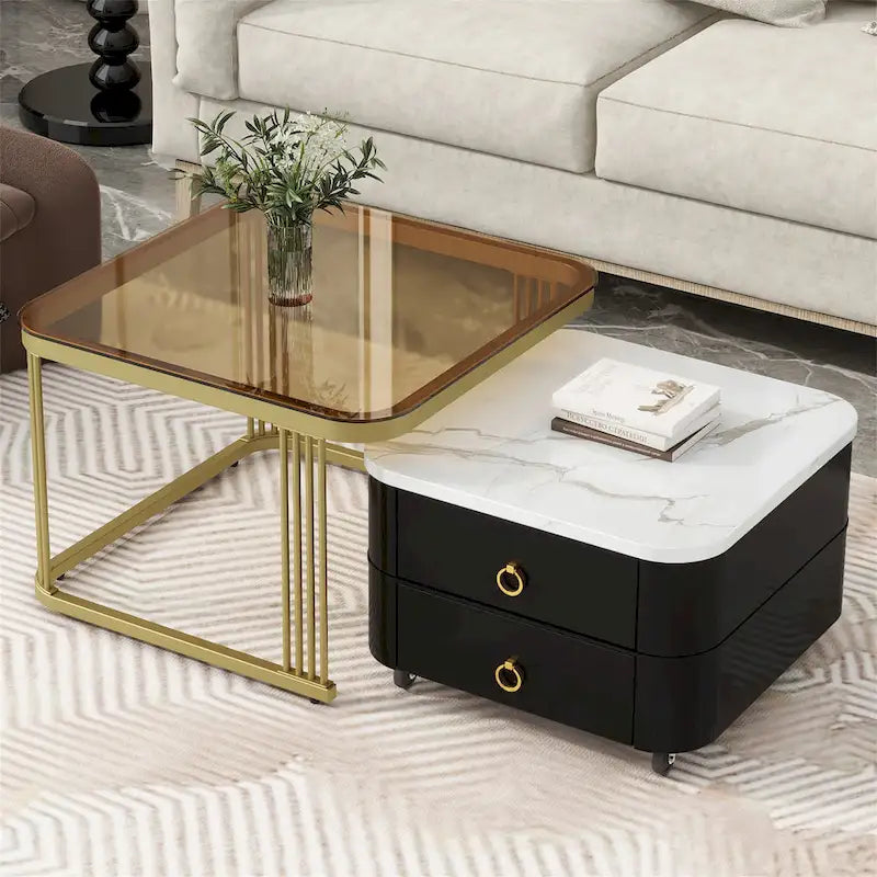 A stackable side table set with wheels and drawers, featuring a modern, minimalist luxury design.