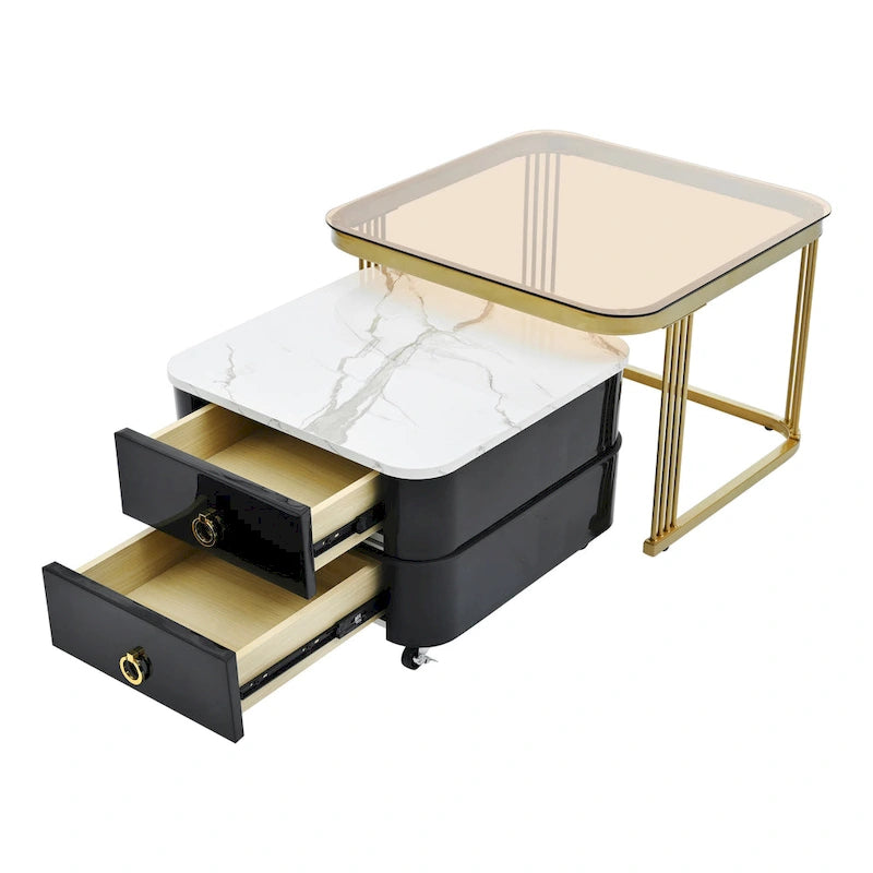 A stackable side table set with wheels and drawers, featuring a modern, minimalist luxury design.