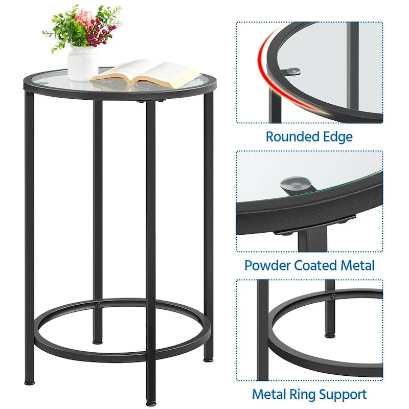 Modern Round Side Table, Mustard Gold/Black Metal Frame & Mirrored Glass Top, 16" Diameter, 88 lbs Capacity