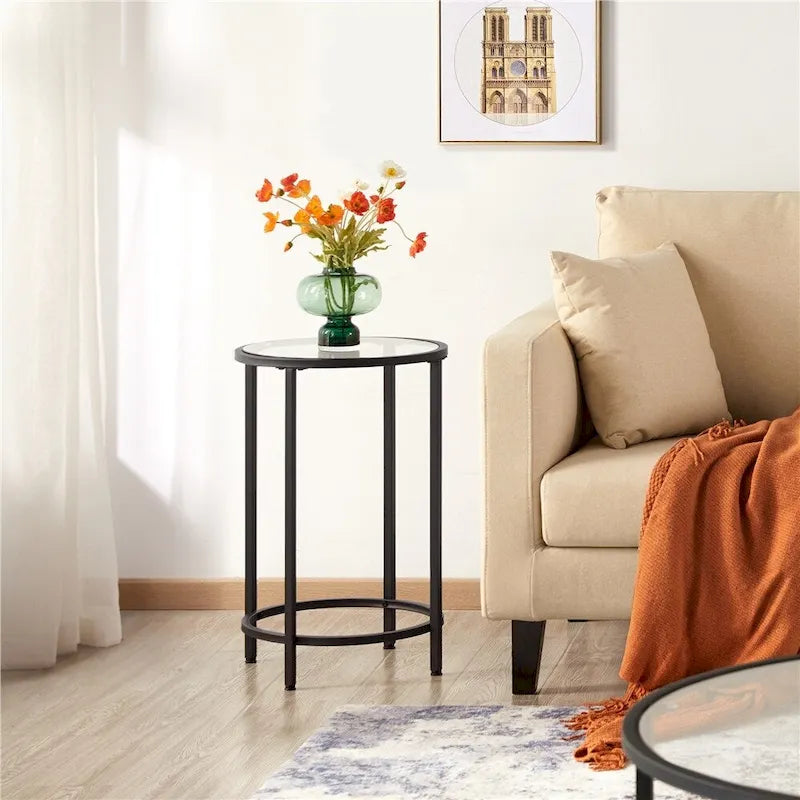 Modern Round Side Table, Mustard Gold/Black Metal Frame & Mirrored Glass Top, 16" Diameter, 88 lbs Capacity