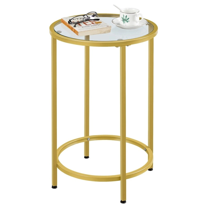 Modern Round Side Table, Mustard Gold/Black Metal Frame & Mirrored Glass Top, 16" Diameter, 88 lbs Capacity