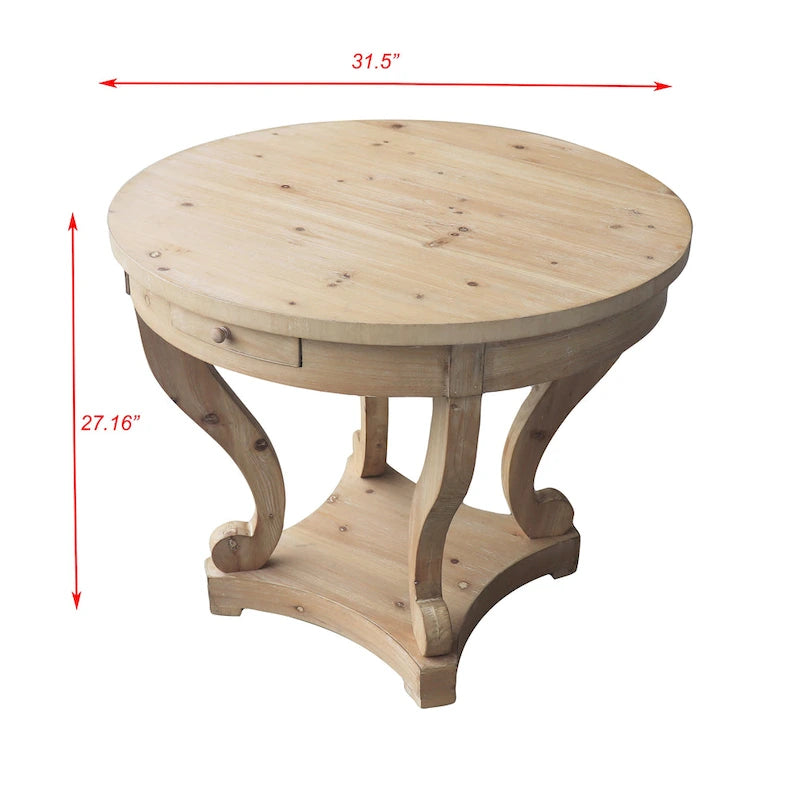 Farmhouse Round Dining Table with 2 Storage Drawers, Distressed Wood Finish & Scrollwork Legs