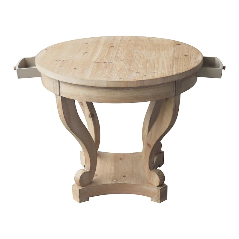 Farmhouse Round Dining Table with 2 Storage Drawers, Distressed Wood Finish & Scrollwork Legs